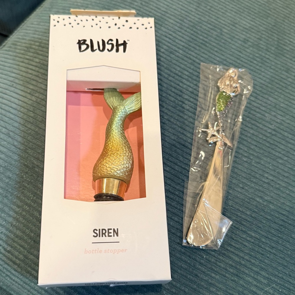 Set of Blush Siren wine Bottle Stopper and mermaid GANZ cheese spreader  new box
